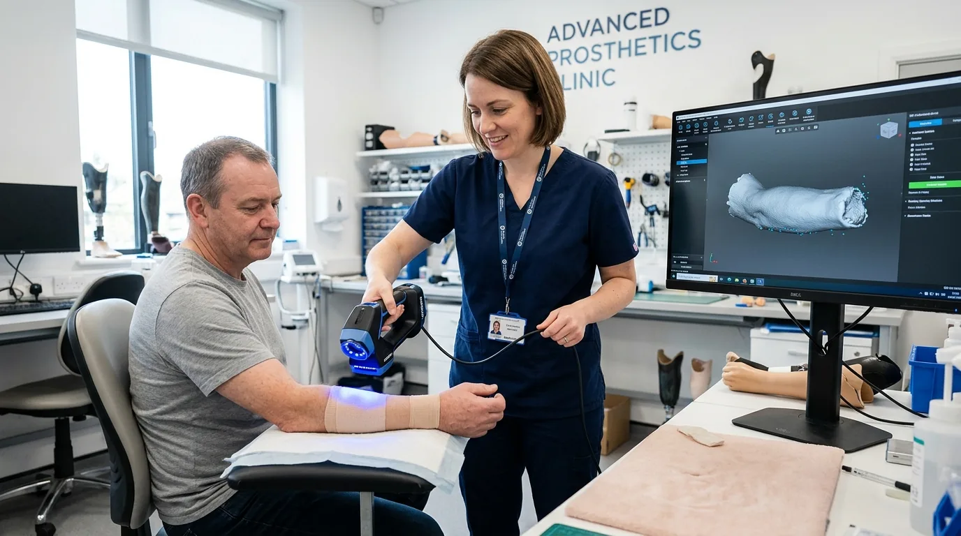 A prosthetist 3D-scanning a patient's forearm