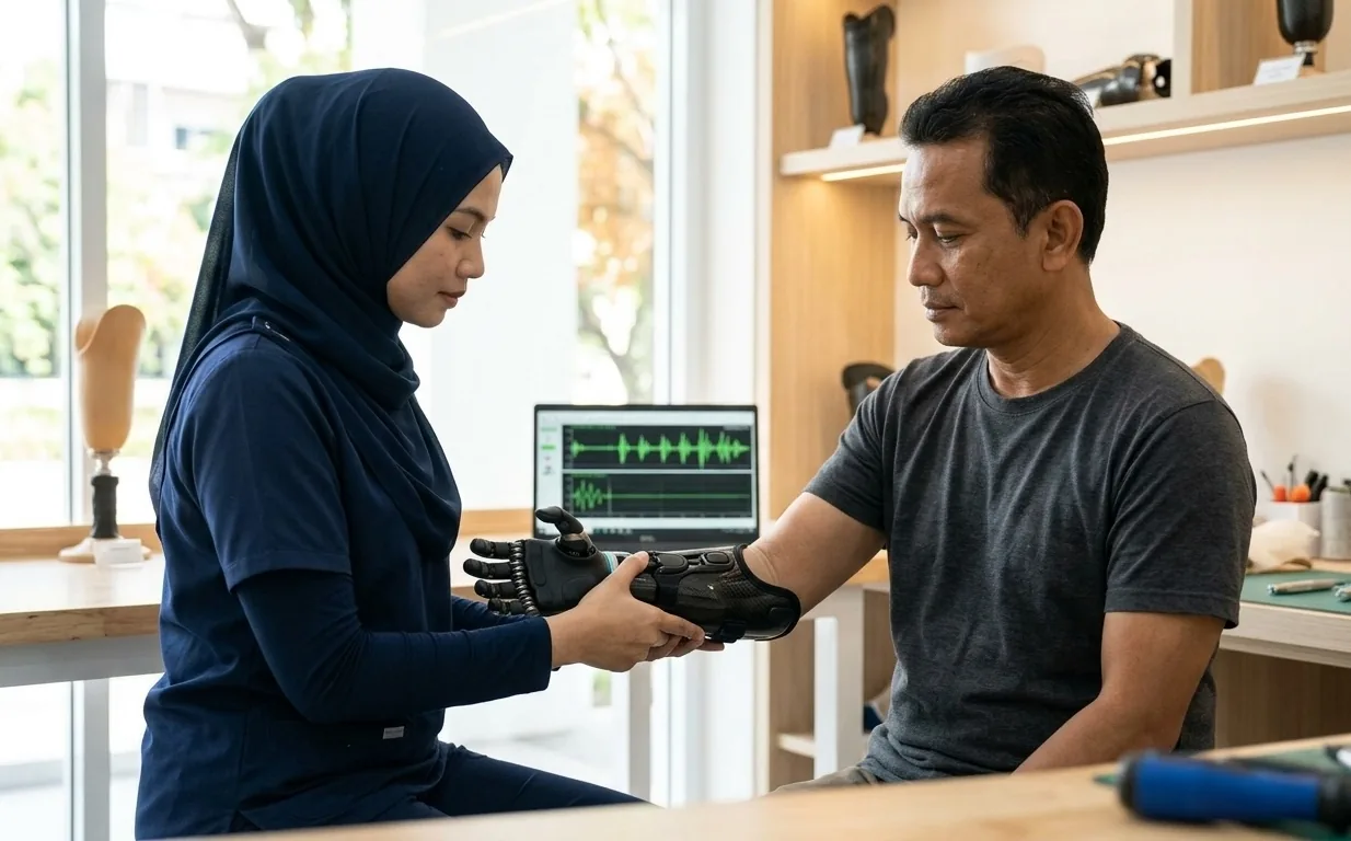 A prosthetist fitting the bionic hand to a patient, muscle signals on a laptop