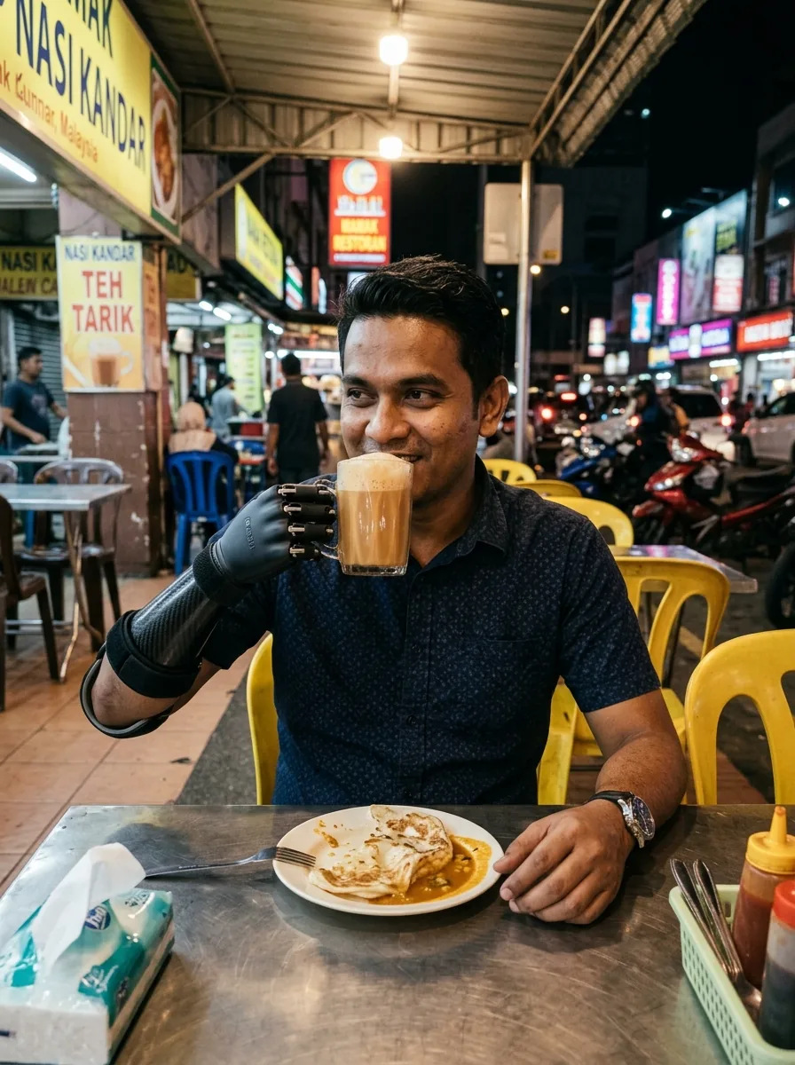A man at a mamak stall holding teh tarik with a bionic hand